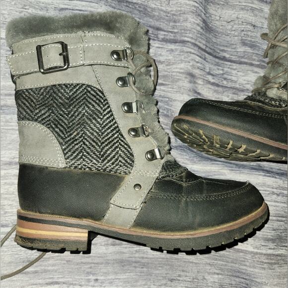 Womens Winter Ankle Boots Lace Up Faux Fur Trim Herringbone Detail - Picture 2 of 15